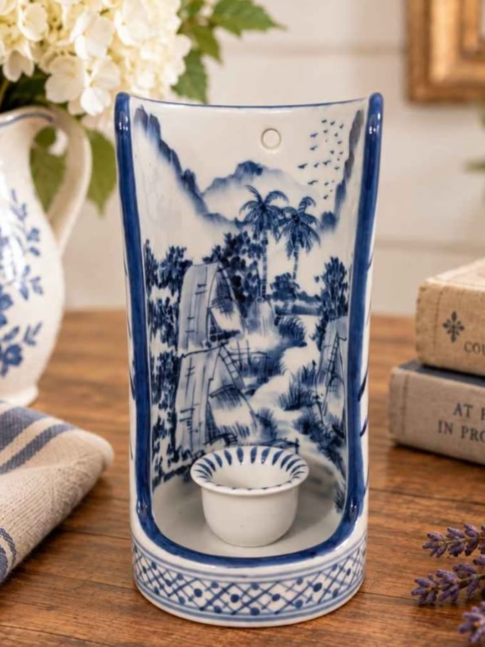 Chinoiserie-style Blue and White Ceramic  Candle Holder